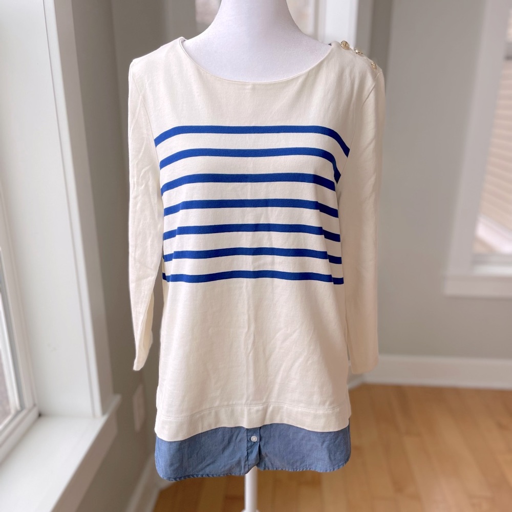 Talbots Ivory Cobalt Blue Stripe Top with Denim Shirt Tail Shoulder Buttons Sz M